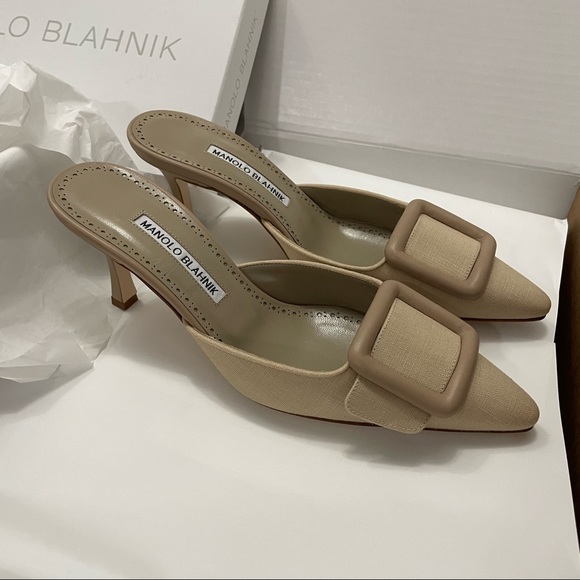 Manolo Blahnik Maysale Linen Mules Tan 70mm 37 - Picture 8 of 14
